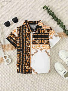 Kids Shirts Kids Boy Top Fashion Personality Print Pattern Stand-up Collar Short Sleeved Shirt Summer Clothes For Child Boys 4-7 Years T240415