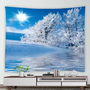 Tapisserier Vinter Nature Landscape Tapestry White Trees Forest Home Backdrop Wall Hanging Picnic Mat Tablecoloth filt Decors