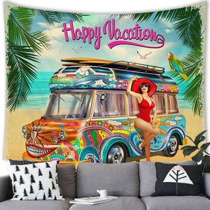 Taquestres Vintage Bus Camper Car Tapeçaria Retro Poster Mulher Tema Tema Impressão Quarto da sala Decor Decor Decor Wall Hanging