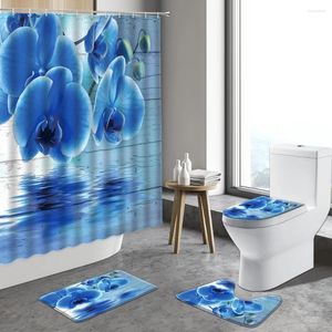 Shower Curtains Blue Butterfly Orchid Curtain Water Surface Flowers Rural Tulip Set Bathroom Carpet Non-slip Toilet Bath Mats