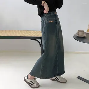 Kadın Kotları Sonbahar Retro Tasarım İş Giysesi Pocket Denim Etek Yüksek Bel Zayıflama Sırt Yarış Kılıfı 3727