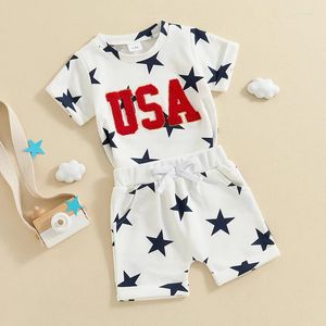 Kleidungsstücke Sets Madjtlqy Baby Boy Boy 4. Juli Outfit USA Brief Print Kurzarm T-Shirt Stripe Star Shorts Set patriotische Sommerkleidung