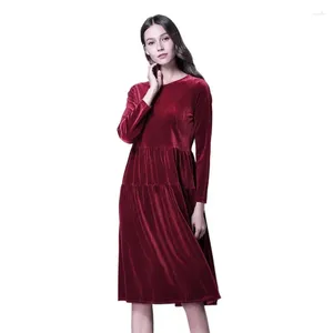 Casual Dresses 2024 Midi Pleated Velvet Dress Women Autumn Elegant Green Black Wine 10 Colors Full Sleeve Vestidos