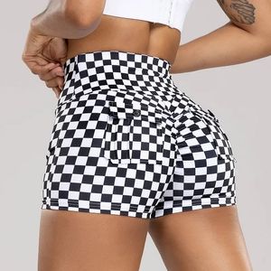 Black and White Checkerboard Print Shorts Yoga for Women High Waist Seamless Butt Lift with Pocket Outdoor Cycling 240407