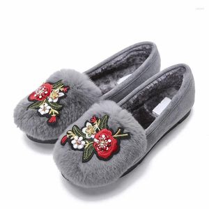 Casual Shoes Real Rex Hair Women Fur Slippers Embroider Flower Loafers Flat Heels Platform Espadrilles Plus Size Plush Cotton