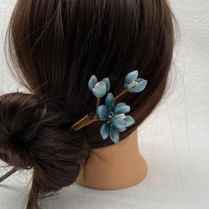 Haarklammern blauer Blume Stick Forrk Ancient Style Tiara Vintage Sandelholz Schließ Cheongsam Dekor Brötchen Schmuck Chinesische Kopfbedeckung