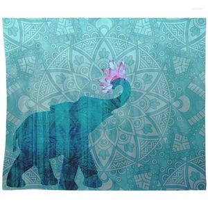 Gobelin Blue Elephant Tobestry Waiting Teal Mandala Design z różowym lotosem