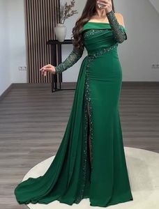 Elegant Dark Green Off Shoulder Long Prom Dresses Beaded Full Sleeves Pleats Side Slit Sexy Evening Gowns For Women 2024 Birthday Party Formal Occasion Wear