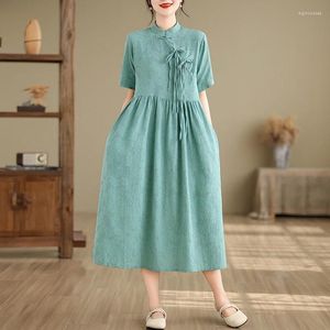 Casual Dresses 2024 Ankomststativ Collage Cotton Jacquard Vintage Chinese Style Summer Dress for Women Short Sleeve Loose Long Long