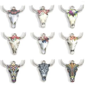 Charms Zinc Based Alloy Bull Head/ Cow Head Silver Color Multicolor Enamel Pendants For DIY Jewelry Making 22mm X 21mm 10 PCs