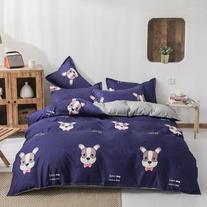 Bedding Sets Sesom Blue Dog Four-Piece Washed Cotton Bed Sheet Quilt Cover Simple Style Skin-Friendly Bare Sleeping Supplies