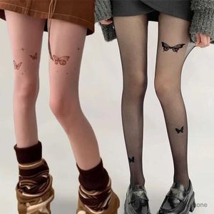 Skarpetki Hosierowe kobiety ultra-cienkie rajstopy seksowne vintage y2k fałszywe tatuaż motyl czarny przezroczysty jedwabne rajstopy dziewczyny lolita letnie pończochy