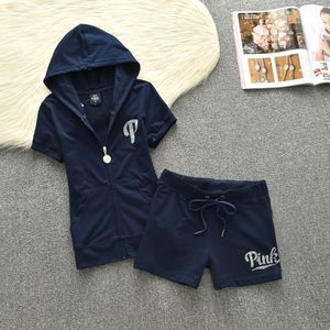 2024 Summer PINK Tracksuit Women's Hooded Zipper Sweatshirt and Shorts Sets With Diamonds Cotton Tracksuit Two Piece Set