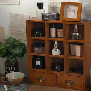 Storage Boxes Charming Rust-Resistant Vintage Wooden Cabinet With 2 Drawers & 9 Compartments - Energy-Free Countertop Design For Home Decor