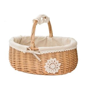 Cesto piquenique vime com alça de flor tecida cestas de armazenamento cesto cáfeo cesto decorativo casamento rattan willow organizador menina presente 240415