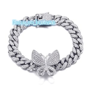 Dropship Women Silver Bating Jewelry Crystal Dinho e Hip Hop Chain Bracelet Ice Cuba Tornilha de pulseira Butterfly Butterfly