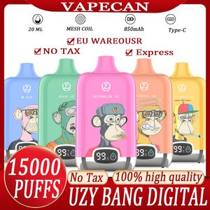 Европейские склады uzy bang Digital 15000 Puffs Eu Vaper 15000 15K Puff 15000 Bang Vape Одноразовые электронные сигареты 20 мл одноразовых вапов.