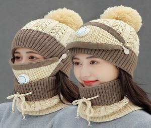 Winter Women Scarf Mask Hat Three Set Warm Velvet Thick Wool Knitted Breathable Neck Warmer Cycling Windproof Caps2008665