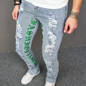 Streetwear Ripped Jeans Mens Fashion Letter Embroidery Personalized Stretch Slim Hole Y2k Pants Male Clothes Trousers 240415