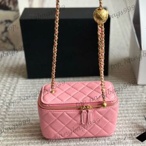 23P Lambskin Gold Silver Ball Mini Women Cosmetic Case Vanity Box Bags With Mirror Diamond Lattice Real Leather Adjustable Chain Fanny Pack Crossbody Makeup 16cm