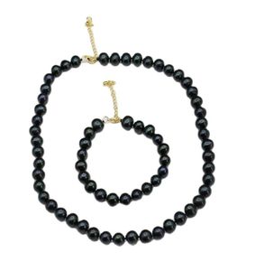 Real Natural Peacock blue Black Round Pearl Necklace Bracelet Sets Simple Gift For Lady Girls9099105