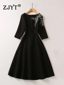 Lässige Kleider Zjyt Luxus Diamonds Schwarze formelle Anlässe Party für Frauen 2024 Herbst Designer Midi Vestido Fiesta drei Viertelhülle