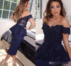 Navy Blue Evening Dresses Mermaid Elegant Off the Shoulder Beaded Peplum Lace Applique Tea Length Scalloped Plus Size Prom Party Gowns