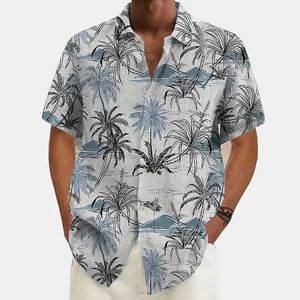 Mens Summer Hawaiian Shirt Beach White Khaki Casual Short Sleeve Coconut Tree Print Top S5XL 240415