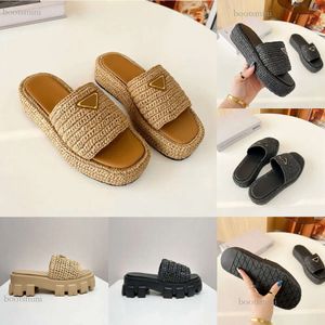 Letter P Woman Black Natural Crochet Fabric Flatform Sandal Slipper Platform Woven Slide House Chunky Bottom Mule Summer Beach Flip Flops Soft Rubber Sole