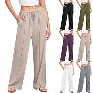 Calça feminina feminina cintura elástica Ternos retos de cor sólida lascas de coloração Flowy Summer Wide Leg Plus Size Size OL Palazzo Trouser