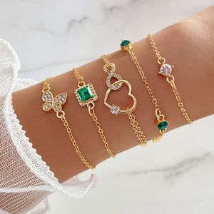 Ins Green New Square with Diamond Butterfly Heart Bracelet Set of 4