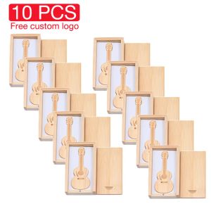 Cables JASTER 10 PCS LOT USB Flash Drives 128GB Wood Guitar Box Memory Stick 64GB Free Custom Logo Pen Drive 32GB Business Gift U Disk