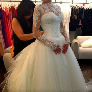 Seksowna karka koronkowa długie rękawy suknie balowe suknie ślubne aplikacje tiulowe koralikowe pociąg ślubny suknie ślubne