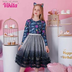 Flickans klänningar Vikita Girls Cartoon Print Dress Kids Gradient Födelsedagsfest Prom Gown Patchwork Layed Tulle Tutu Mesh Princess T240415