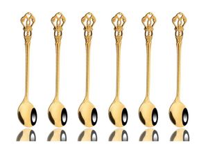 Dinnerware Sets 6Pcs Shiny Gold Long Handle Spoon Set Stainless Steel Flatware Cutlery Stirring Drink Ice Cream Dessert Tea6351305