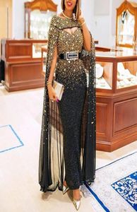 Blowly Gold African African Aso Ebi Sukienki z długimi peleryną luksusowe kryształy z koralikami Sheer szyi syrena wieczorna impreza Recepcja 58850484
