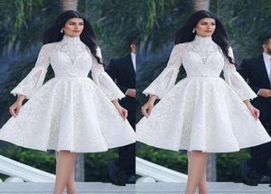 Arabiska vita 2019 cocktailklänningar Aline 34 ärmar Applices Lace Kne Length Elegant Party High Neck Homecoming Dresses1209050