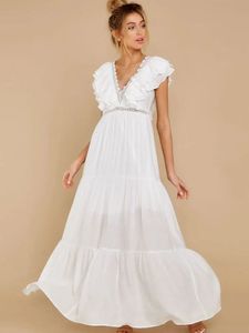 Sexy Deep Vneck Butterfly Sleeve Maxi Dress White High Waist Midlength Aline Casual Womens Summer Holiday D9 240415