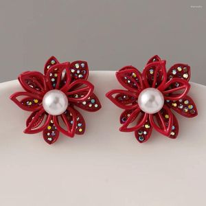 Stud Earrings Simple Retro Simulated Pearl Beads Charms AB Rhinestone Flower Shaped For Women Fashion Party Jewelry Wholesale