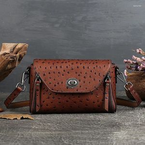Shoulder Bags Nesitu Vintage Ostrich Skin Pattern Genuine Leather Small Women Messenger Bag Lady Coffee Brown High Quality M4533
