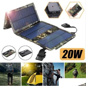 Postos de energia portáteis Novo painel solar ao ar livre Dobável DC 5V 20W Impermeável trocador de bateria USB para células turísticas Van RV Trip dhbvh