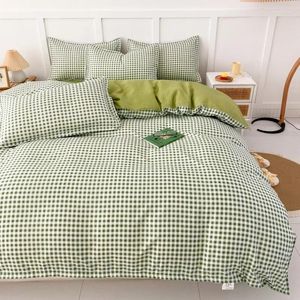 Sängkläder sätter matt fyrdelar uppsättning rutig fast färg tvättad bomull singel tredelar