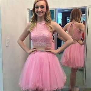 Cute Pink Homecoming Dresses Two Piece Lace Beaded Crystal Jewel Neck Beaded Collar Juniors Graduation Cocktail Party Prom Gown