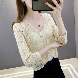 Women's Knits 2024 Three-Quarter Sleeve Waistcoat Shawl Summer Thin Short Women Hollow Out Ice Silk Knitted Cardigan Outer Tops