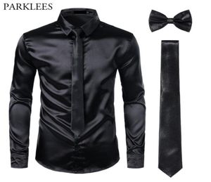 Black Mens Silk Dress Shirts 3PCS -Shirt Tiebowtie Smooth Satin Shirt Men Slim Fit Party Prom Casual Shirts Men Social Camisa 205700315