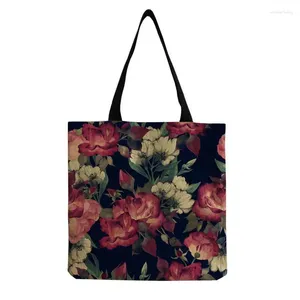 Sacolas de compras bolsa estampada de flor algodão linho reutilizável feminino floral ombro dobrável shopper bolsa atacado