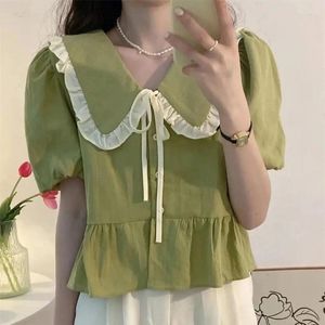 Women's Blouses Sweet Bow Doll Neck Shirt Blusas Mujer De Moda 2024 Verano Summer Crop Top Women Blouse Chemise Femme Pink Shirts Korean