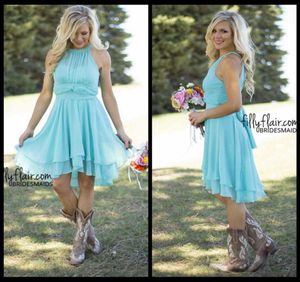 2020 Beach Country Style Turquoise High Low Bridesmaid Dresses Crew Neck Ruffled Chiffon Mini Dress Beach Wedding Party Dresses1632921