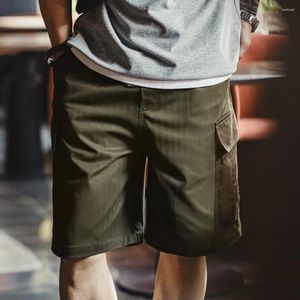 Men's Shorts Retro Stitching Big Pocket Textured Herringbone Mid-Elastic Waist Straight-leg Pants For Summer Fashion