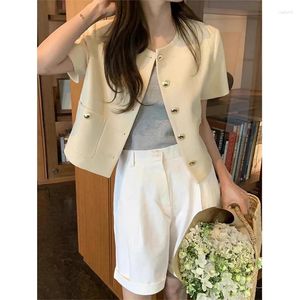 Women's Jackets Women Summer French Fragrant Style Metal Single Breasted Loose Versatile Double Pocket Solid Short Sleeved Jacket Coats